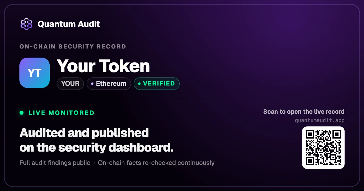 The Founder plan share card: Your Token, Verified and live monitored on the Quantum Audit security dashboard, with a QR code to the live record